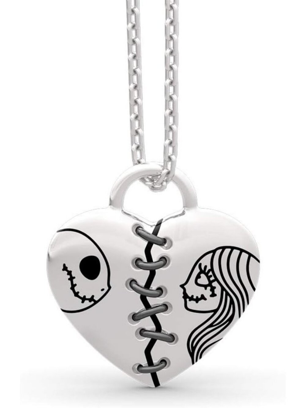 Women's Jack Sally Silver Gothic Skull Love Necklace 925 Sterling Heart Pendant